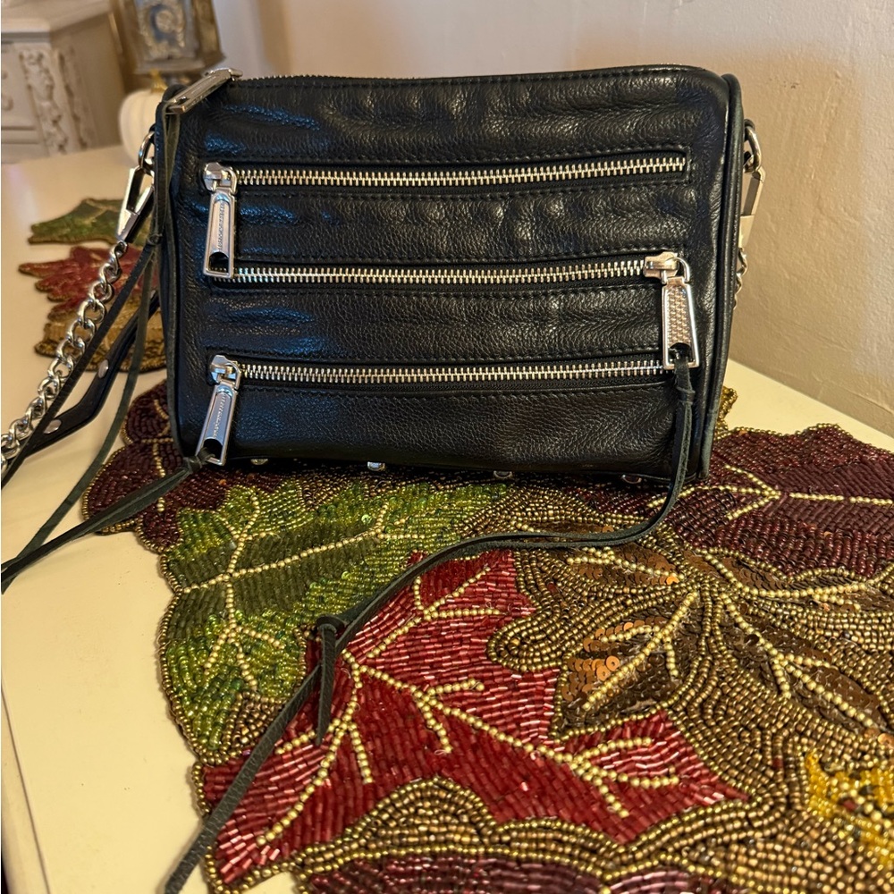 Rebecca Minkoff Black Leather Crossbody Bag with Silver Zippers